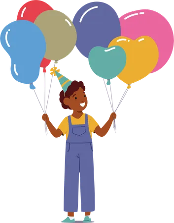 Niño sosteniendo alegremente globos de colores en su fiesta de cumpleaños  Ilustración