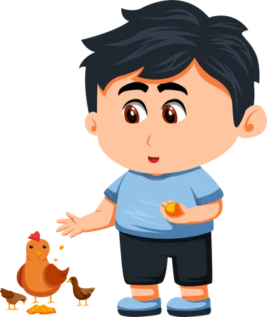 Niño alimentando gallina  Ilustración