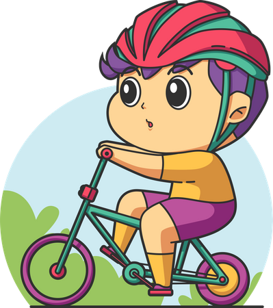 Niño andando en bicicleta con casco  Ilustración