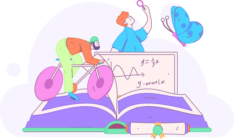 Niño montando en bicicleta mientras aprende clase de matemáticas  Ilustración