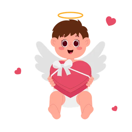 Niño ángel con caja de regalo  Ilustración