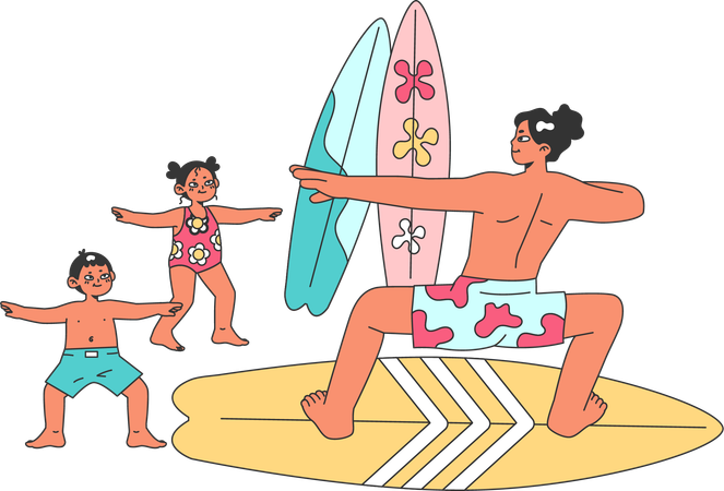 Niño aprendiendo a surfear del entrenador  Ilustración