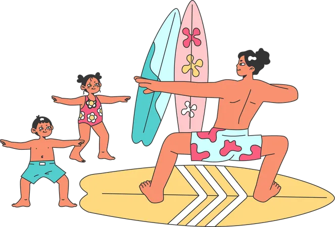 Niño aprendiendo a surfear del entrenador  Ilustración