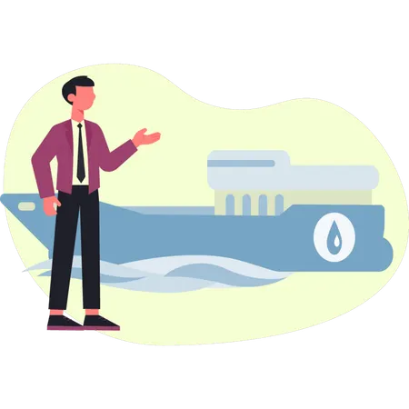 El niño señala el barco que transporta petróleo  Ilustración