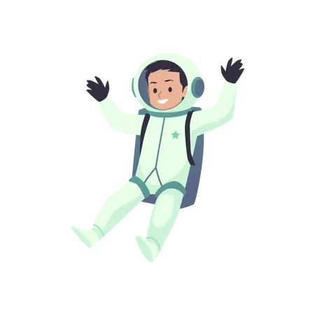 Niño astronauta en traje espacial vuela en gravedad cero  Ilustración