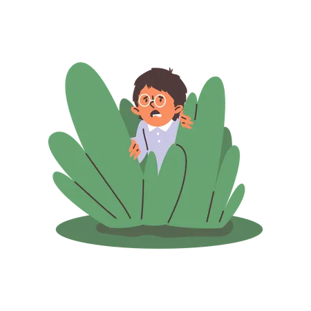 Niño asustado con gafas escondido detrás de un arbusto verde y mirando furtivamente  Ilustración