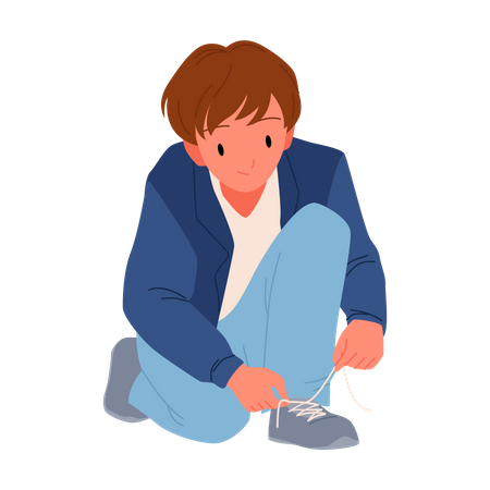 Niño atando cordones de los zapatos  Ilustración