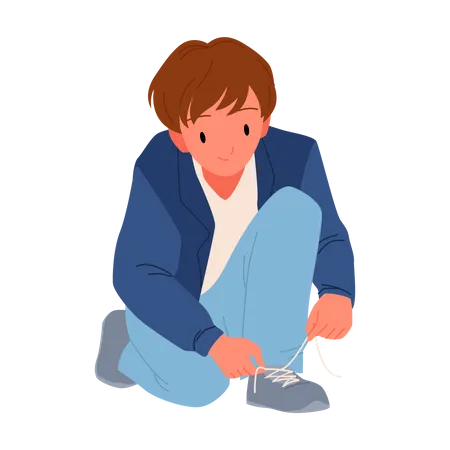 Niño atando cordones de los zapatos  Ilustración