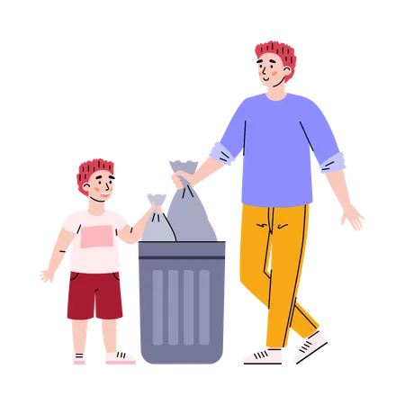 Niño ayuda a su padre a tirar la basura  Ilustración