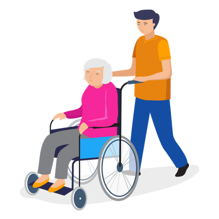 Niño ayudando a una anciana con silla de ruedas  Ilustración