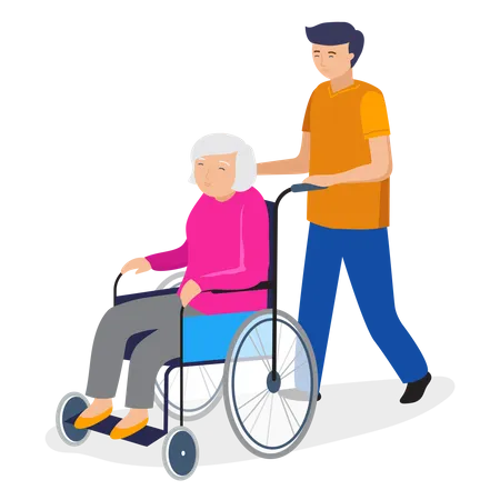 Niño ayudando a una anciana con silla de ruedas  Ilustración
