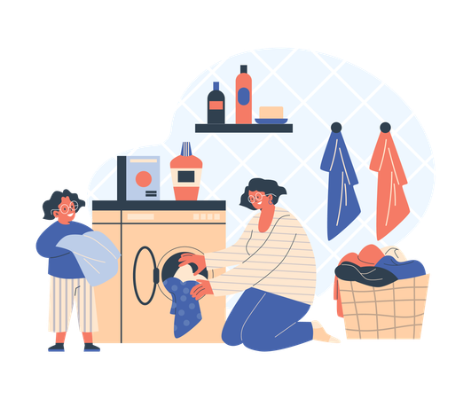 Niño ayudando a su madre a lavar la ropa  Ilustración