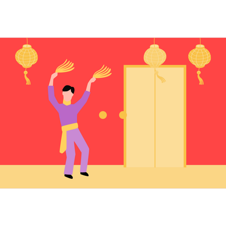 Niño bailando en el año nuevo chino  Ilustración