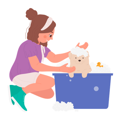 Niño bañando a un perro sucio  Ilustración