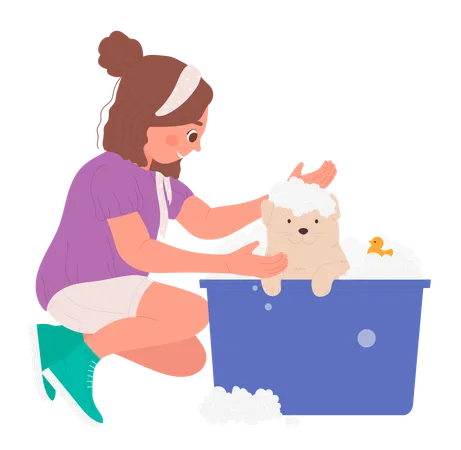 Niño bañando a un perro sucio  Ilustración