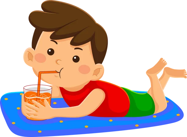 Niño bebe bebida fría en verano  Ilustración