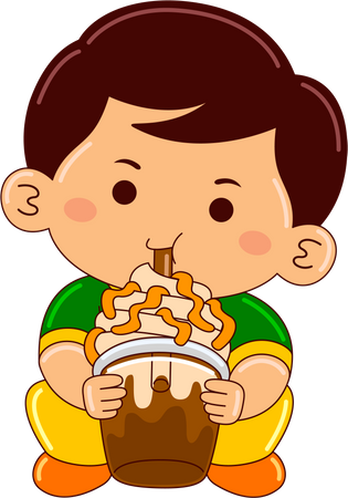 Niño bebiendo frappucino de caramelo helado  Ilustración