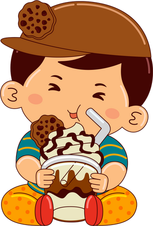 Niño bebiendo crumble de galletas de moca heladas  Ilustración