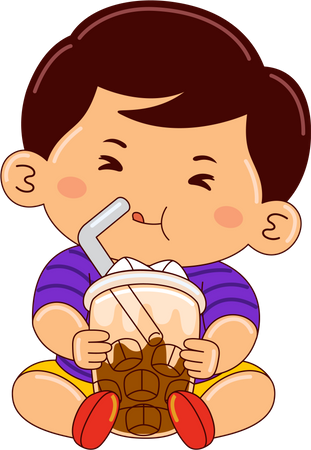 Niño bebiendo café con leche helado de vainilla  Ilustración