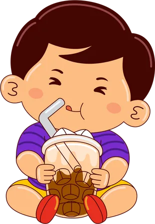 Niño bebiendo café con leche helado de vainilla  Ilustración