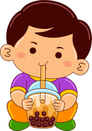 Niño bebiendo té helado con leche de burbujas de azúcar moreno  Ilustración