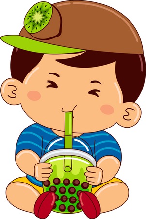 Niño bebiendo té helado de burbujas de kiwi  Ilustración