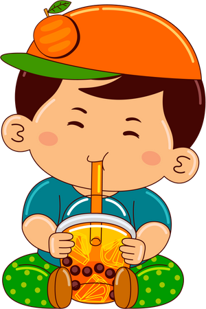 Niño bebiendo té helado de burbujas de naranja  Ilustración