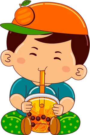 Niño bebiendo té helado de burbujas de naranja  Ilustración