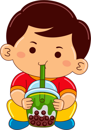 Niño bebiendo té de burbujas matcha helado  Ilustración