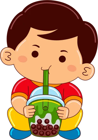 Niño bebiendo té de burbujas matcha helado  Ilustración