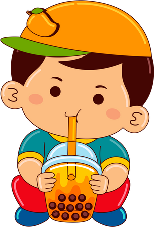 Niño bebiendo té helado de mango con burbujas  Ilustración