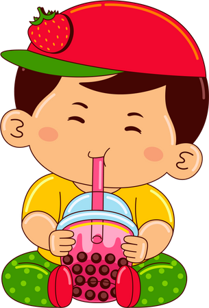 Niño bebiendo té helado de fresa y burbujas  Ilustración