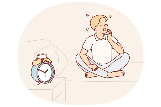 El niño bosteza y quiere dormir sentado en la cama cerca del despertador y siente somnolencia matutina.  Ilustración