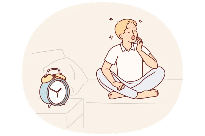 El niño bosteza y quiere dormir sentado en la cama cerca del despertador y siente somnolencia matutina.  Ilustración