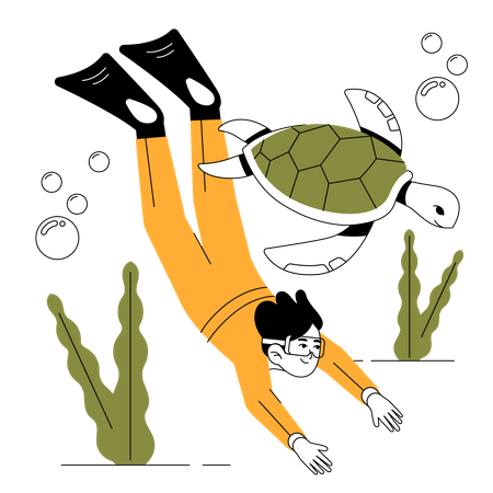 Niño sumergiéndose en las profundidades del mar con tortuga  Ilustración