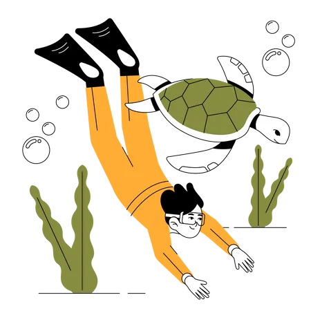 Niño sumergiéndose en las profundidades del mar con tortuga  Ilustración