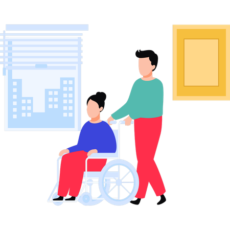 Niño llevando a una anciana en silla de ruedas  Ilustración