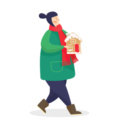 Niño llevando galleta de jengibre en forma de casa  Ilustración