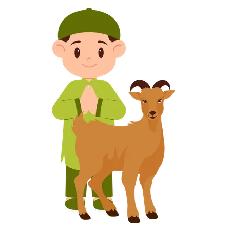 Niño celebra Eid Al Adha con cabra  Ilustración