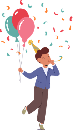 El niño celebra la fiesta de cumpleaños y sopla la pipa con un manojo de globos en la mano  Ilustración
