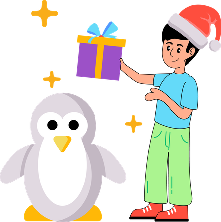 Niño celebrando la Navidad con pingüino  Ilustración