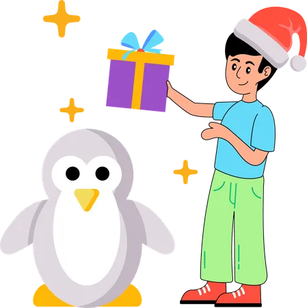 Niño celebrando la Navidad con pingüino  Ilustración