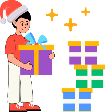 Niño celebrando la Navidad con regalos  Ilustración