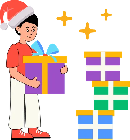 Niño celebrando la Navidad con regalos  Ilustración