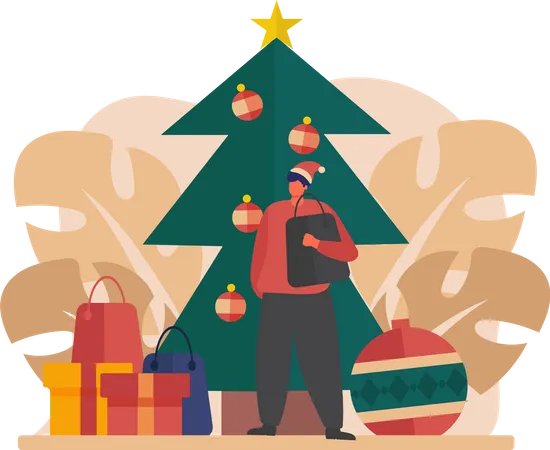 Niño celebra la navidad cerca del árbol de navidad  Ilustración
