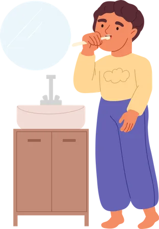 Niño cepillándose los dientes en el baño.  Ilustración