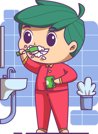 Niño cepillándose los dientes por la mañana  Ilustración