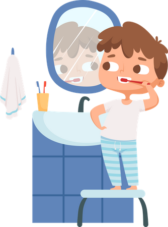 Niño cepillándose los dientes por la mañana  Ilustración