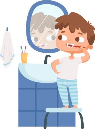 Niño cepillándose los dientes por la mañana  Ilustración