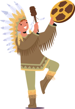 Niño chamán nativo americano viste símbolos tribales vibrantes mientras sostiene una pandereta  Ilustración